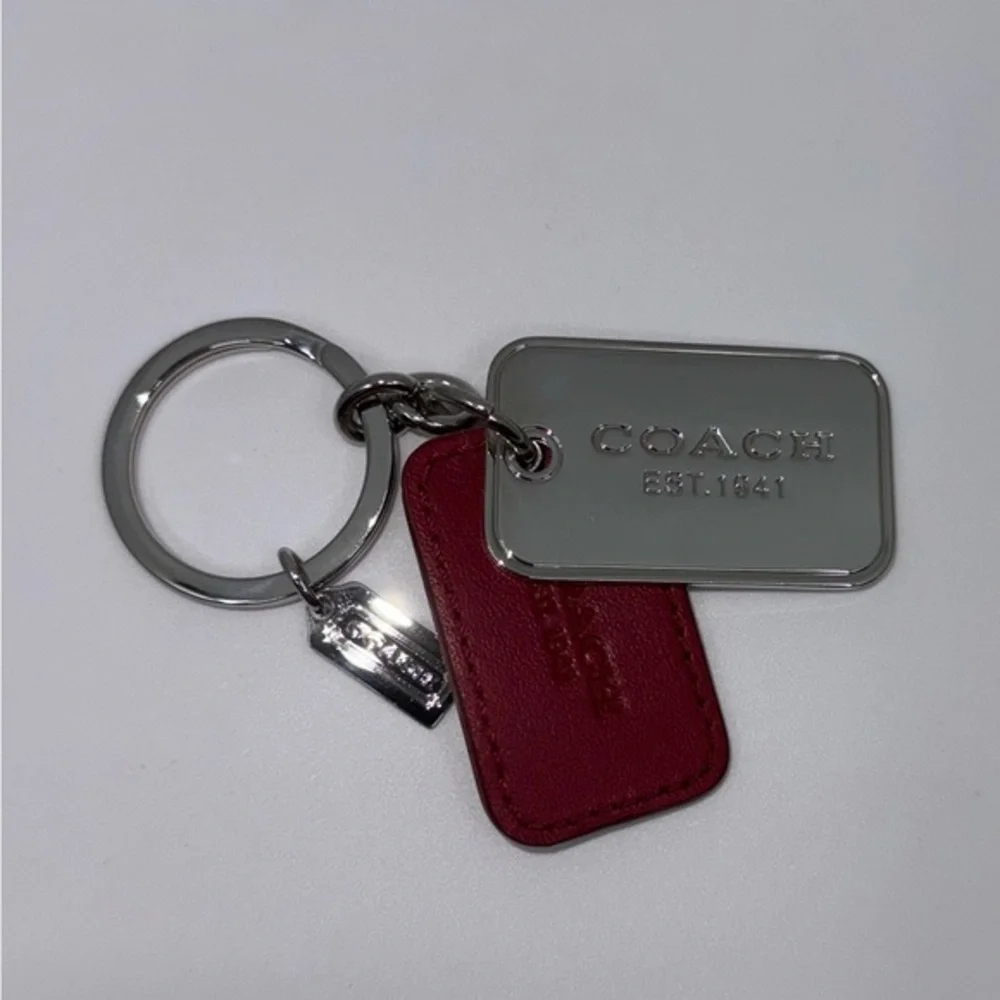 Coach Silver Keychain Keyring Red Leather and Silver Tags LIKE NEW CONDITION